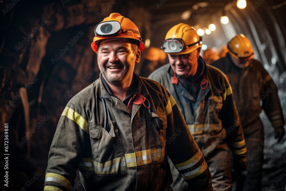 Brutal miners in safety helmets in a mine extract minerals coal Brutal miners in safety helmets in a mine extract minerals coal