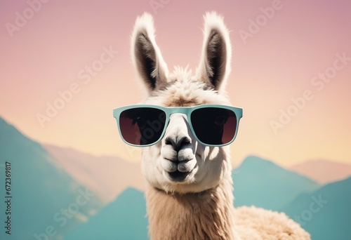 Creative animal concept Llama in sunglass shade glasses isolated on solid pastel background