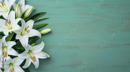  a bouquet of white lilies on a blue wooden background. generative ai