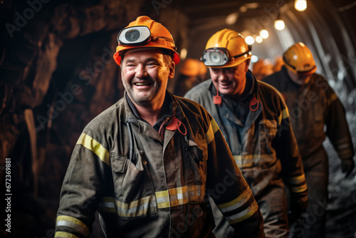 Brutal miners in safety helmets in a mine extract minerals coal