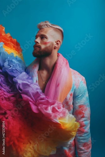 person standing in front of a blue background with colorful clothes and rainbow decorations photo