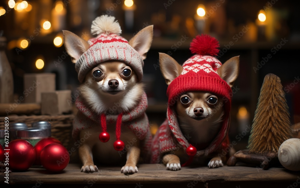 Two cute chihuahua dogs in Christmas hats and scarves Two cute chihuahua dogs in Christmas hats and scarves
