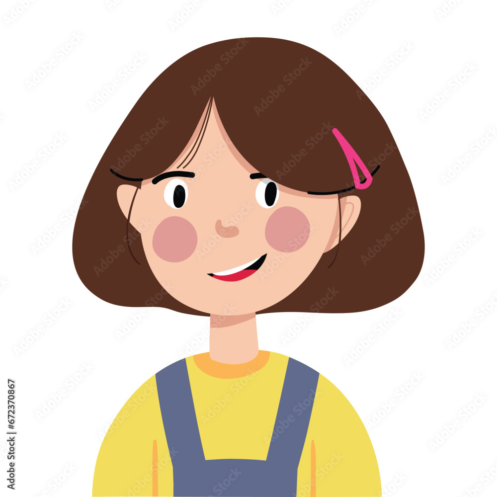 Little happy girl avatar. Portrait of a cute, smiley kid girl. Avatar face of a schoolgirl. Vector children's head Illustration isolated on a white background. Cartoon character.