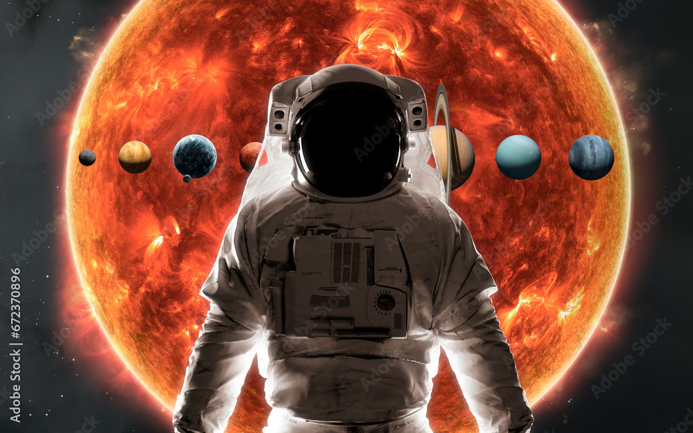 3D illustration of astronaut and solar system planets. Elements of image provided by Nasa