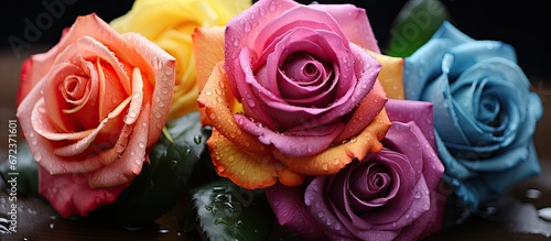 Fototapeta Naklejka Na Ścianę i Meble -  Arrangement of roses in various colors adorned with moisture droplets Pattern resembling flowers