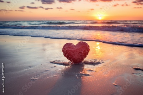 Red heart on the beach floor at sunset. Valentines day.