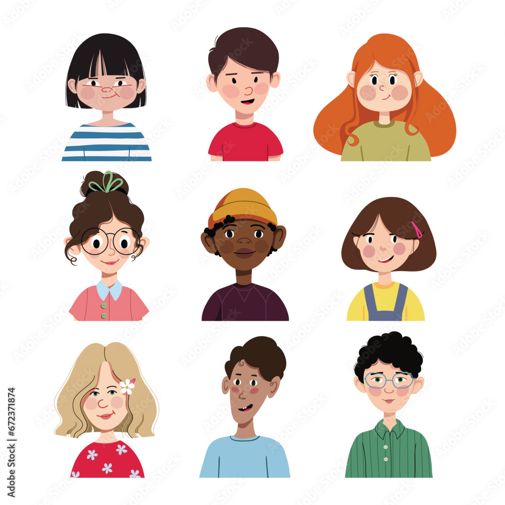 Set of children's avatars. Smiling faces of little kid boys and girls of different ethnicities. Cartoon characters. Vector illustration isolated on a white background. Set of children's avatars. Smiling faces of little kid boys and girls of different ethnicities. Cartoon characters. Vector illustration isolated on a white background.