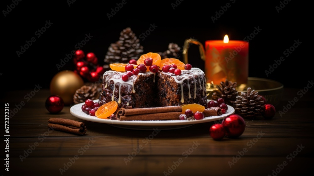 Traditional Christmas cake decorated glaze, cranberries, oranges. Christmas cake glazed and decorated with sugared cranberries web banner, background, confectionery greeting card