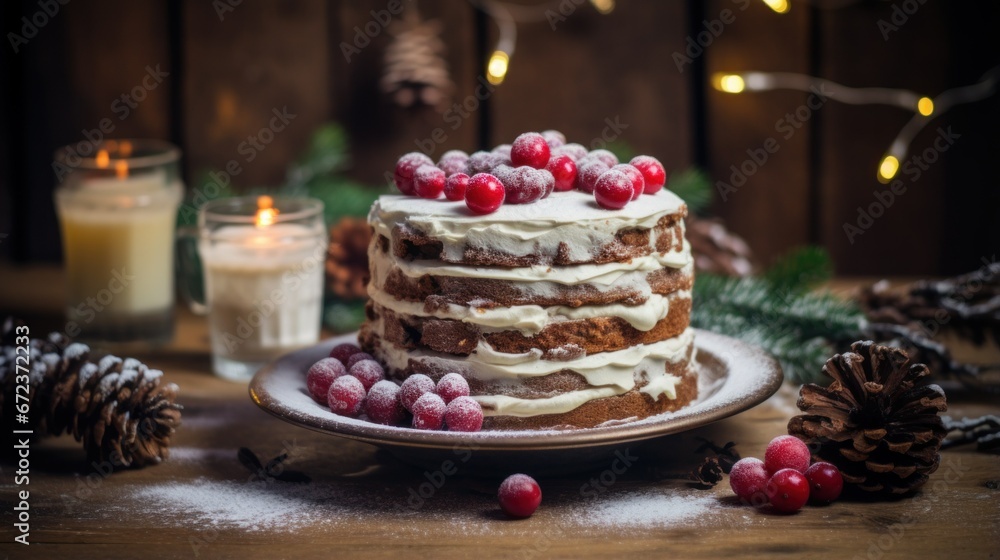 Traditional Christmas cake decorated glaze, cranberries, green fir. Christmas cake glazed and decorated with sugared cranberries web banner, background, confectionery greeting card