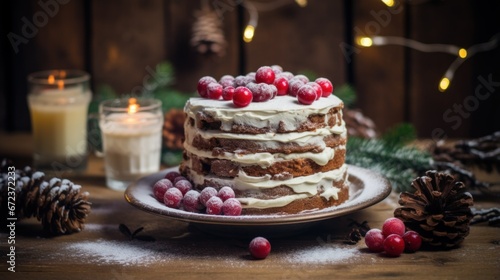 Traditional Christmas cake decorated glaze, cranberries, green fir. Christmas cake glazed and decorated with sugared cranberries web banner, background, confectionery greeting card