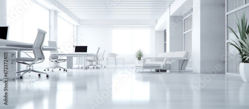 Interior of modern open space office with white tones. AI generated image