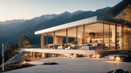 Modern exterior of a luxury villa in a minimal style. Glass house in the mountains. Magnificent mountain views from the veranda of a modern villa. Luxury glampin © anandart