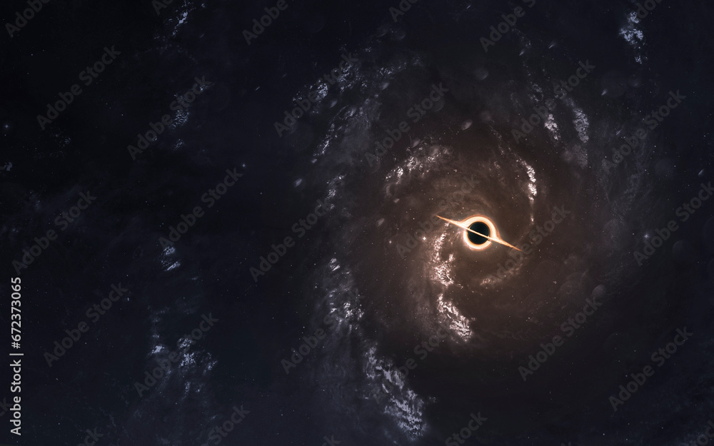 3D illustration of giant black hole and event horizon. 5K realistic science fiction art. Elements of image provided by Nasa