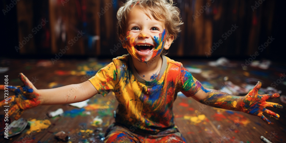 A Little boy covered in paint