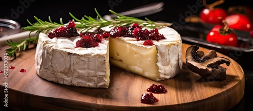 An appetizing plate of Fresh Brie cheese combined with truffle and barberry jelly served alongside a delectable dish of red wine champignons mushrooms and truffle oil on the restaurant table
