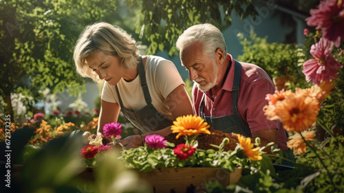 An elderly couple joyfully tends to their vibrant garden, surrounded by blooming flowers and lush greenery.