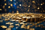 A Glittering Fortune: A Heap of Shiny Gold Coins on a Lustrous Blue Background