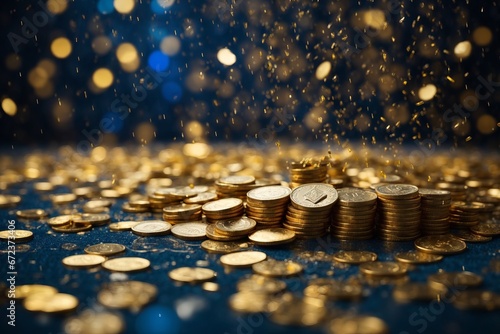 A Glittering Fortune: A Heap of Shiny Gold Coins on a Lustrous Blue Background photo