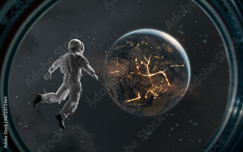 3D illustration of astronaut looking at burning Earth planet. Planet explosion. Science fiction 5K visualization. High quality realistic render.