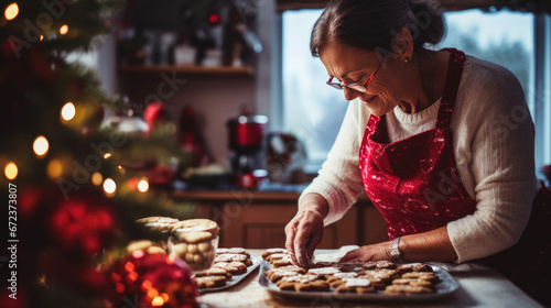 A joyful woman  wearing glasses and a red apron  is in the midst of baking cookies  with a festively decorated kitchen and Christmas tree surrounding her.