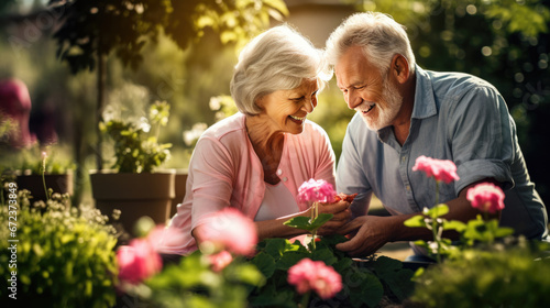 An elderly couple joyfully tends to their vibrant garden, surrounded by blooming flowers and lush greenery. © MP Studio