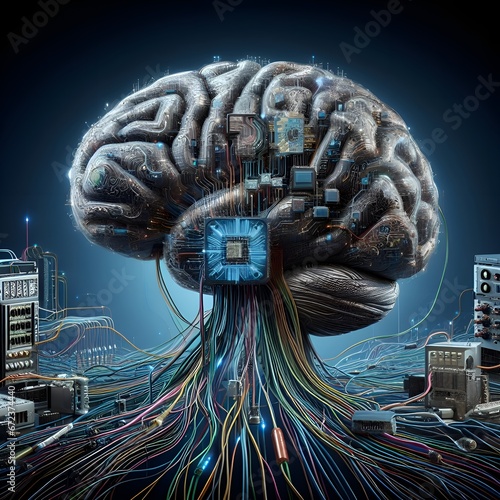 
O cérebro humano é como um grande computador interconectado a uma máquina com componentes elétricos, com cabos e fios que se ramificam a partir dele. photo