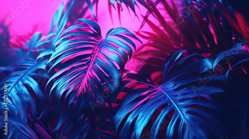  a bunch of blue and pink leaves on a pink background. generative ai