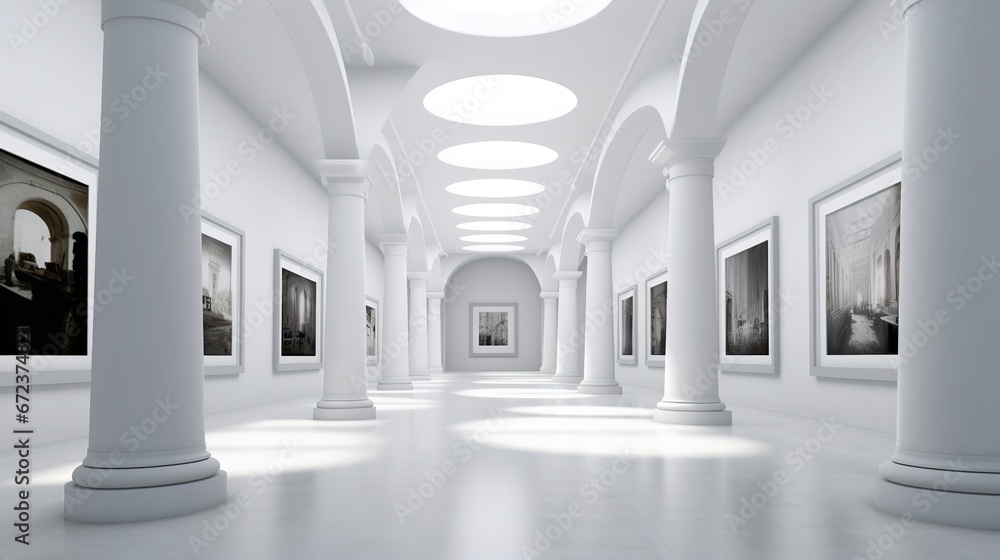 Portrait exhibition room of the art gallery in wall. AI generated image
