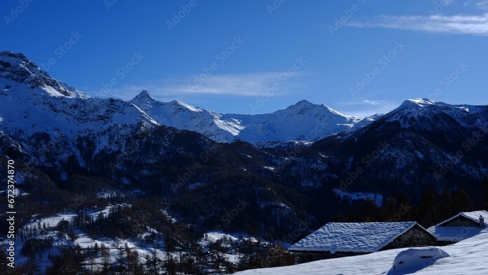 Landscape of the Alps covered in greenery and snow on a sunny day