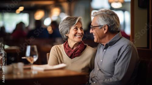 An elderly couple shares a heartfelt moment over dinner  laughing and connecting amidst the warm ambiance of a candlelit restaurant.