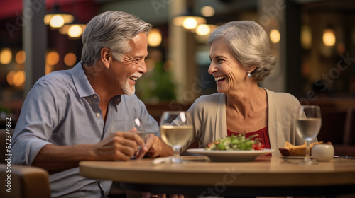 An elderly couple shares a heartfelt moment over dinner  laughing and connecting amidst the warm ambiance of a candlelit restaurant.