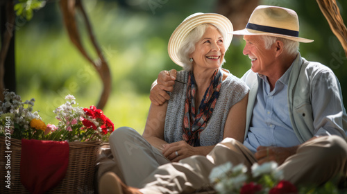 An elderly couple shares a joyful moment over a picnic by the lake, surrounded by the warmth of nature and the comfort of each other's company. © MP Studio