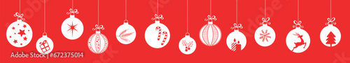 Hanging baubles with christmas greeting text. Vector seamless garland.