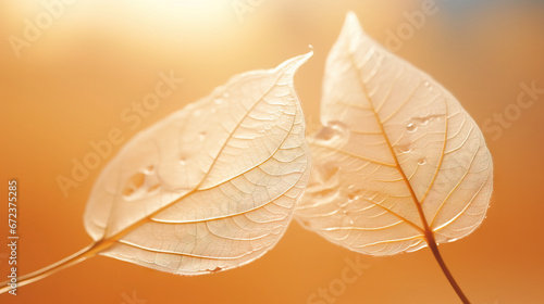  two white leaves with water drops on them on a sunny day.  generative ai