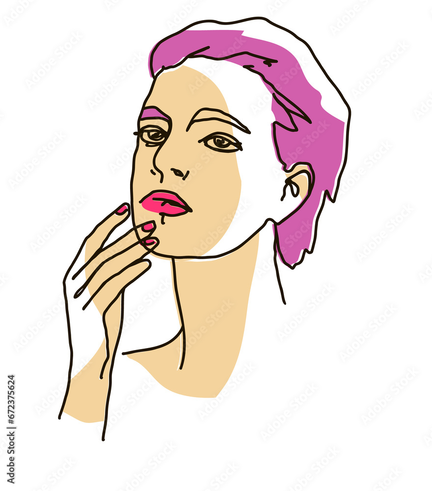 line drawing with color shapes woman face. Cute female linear portrait. Outline woman avatar line drawing with color shapes woman face. Cute female linear portrait. Outline woman avatar