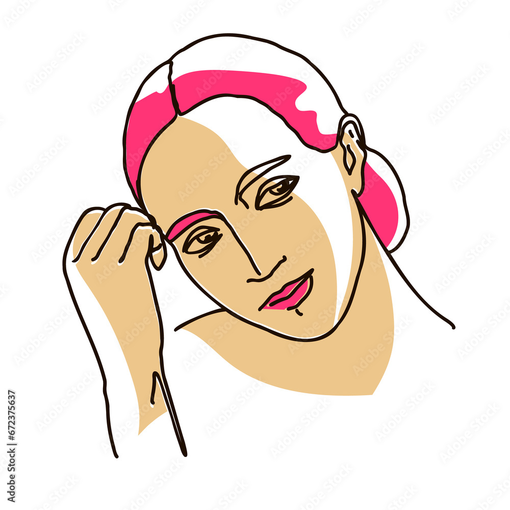 line drawing with color shapes woman face. Cute female linear portrait. Outline woman avatar line drawing with color shapes woman face. Cute female linear portrait. Outline woman avatar