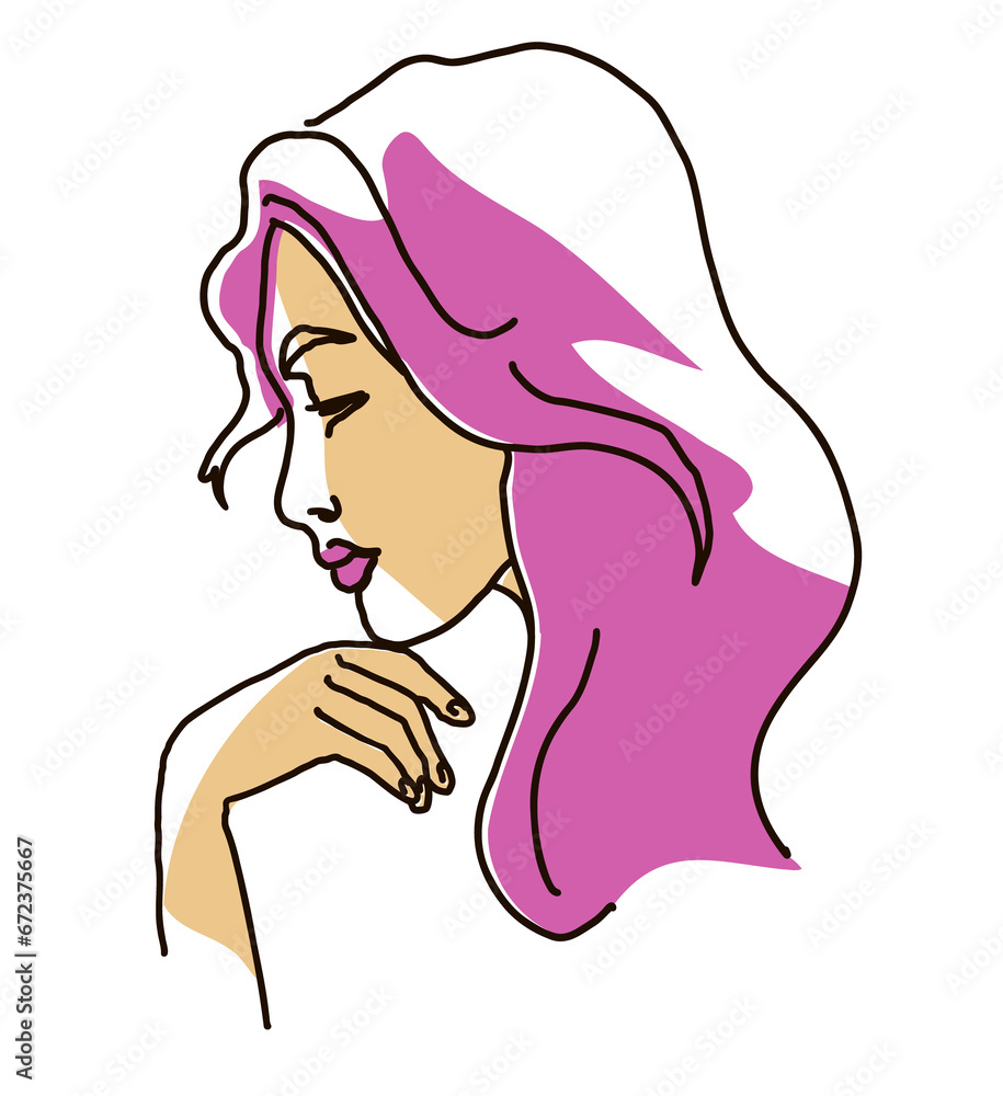 line drawing with color shapes woman face. Cute female linear portrait. Outline woman avatar line drawing with color shapes woman face. Cute female linear portrait. Outline woman avatar