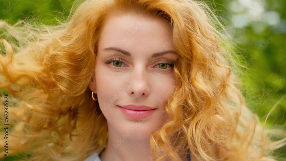 Fototapeta premium Joyful redhead fashionable woman walking having fun smiling in park, relaxing outside, rest, outdoor. Feminine sexy lady portrait, excited relaxed, trend makeup, fashion outfit for beauty, confidence