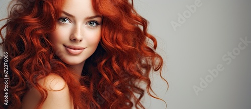 Attractive seductive lady with stylish lengthy crimson shiny locks haircut Red headed charmer lovely girl with spirals photo