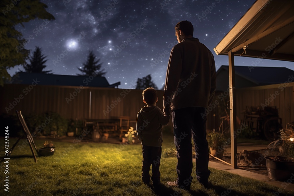 Father and Son Gazing at Starry Night Sky Father and Son Gazing at Starry Night Sky