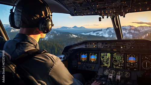 Small aircraft pilot at the controls of an aircraft photo