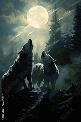 A watercolor tableau reveals wolves roaming the forest, their fur bathed in the light of a full moon.