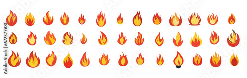 Cartoon campfire. Fire flames, bright fireball, heat wildfire and red hot bonfire, campfire, red fiery flames isolated vector illustration set. Animated form and square, fireball and flame photo