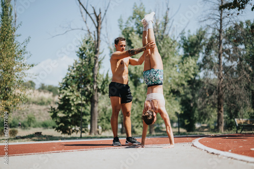 Active couple practices handstands in a sunny park, showcasing fit bodies and strong muscles. They enjoy outdoor training, embracing the natural environment and positive results of physical activity.