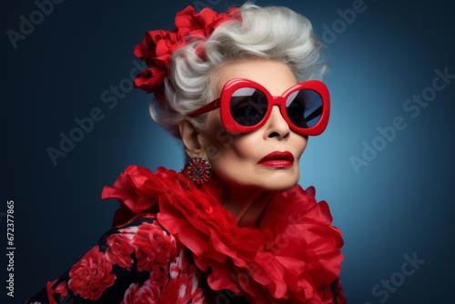 High fashion studio portrait of beautiful old woman wears sunglasses, red dress and red lipstick