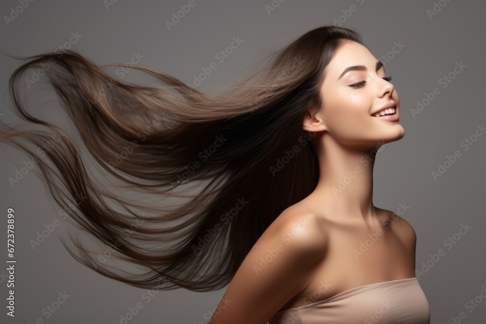 Profile portrait of a beautiful brunette woman with long straight hair on a dark gray background - obrazy, fototapety, plakaty 