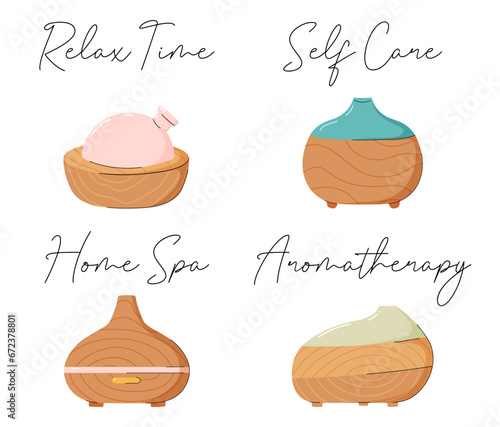 Electric aroma diffusers of different designs. Healthy lifestyle, self care. Relax time, aromatherapy. Modern hand drawn style. Big set of cute items.
