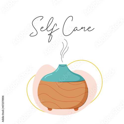 Electric aroma diffuser. Healthy lifestyle, self care. Relax time, aromatherapy. Modern hand drawn style.