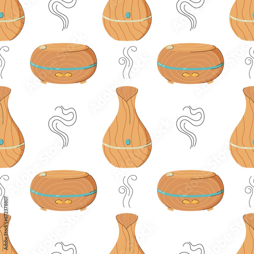 Electric aroma diffusers of different designs. Seamless pattern. Healthy lifestyle, self care. Relax time, aromatherapy. Modern hand drawn style.