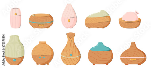 Electric aroma diffusers of different designs. Healthy lifestyle, self care. Relax time, aromatherapy. Modern hand drawn style. Big set of cute items.